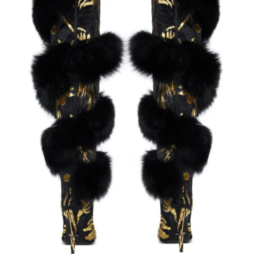 Jennifer Le BLK GLD X (RUNWAY) Thigh Boots RETAILS $1,150 REAL LEATHER & FOX FUR